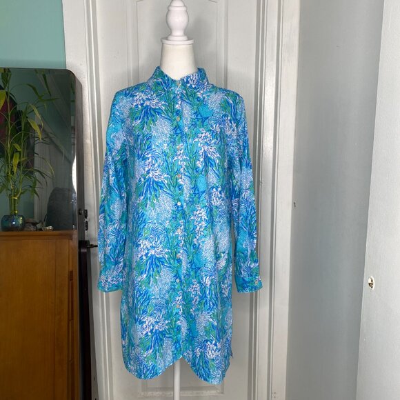 Lilly Pulitzer Blue & Green Women's Long Sleeve Button Down Tunic, Size S #352 - Picture 2 of 10